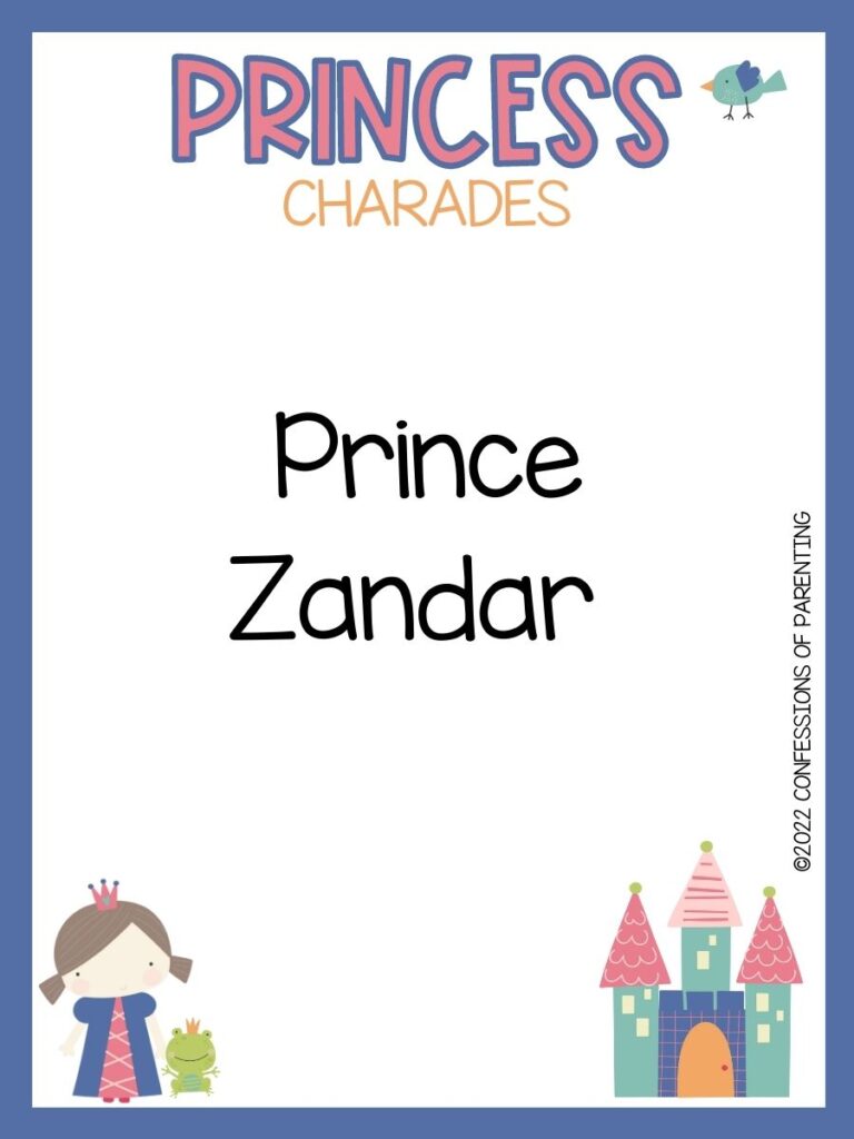 Princess charade with little bird, princess and a frog and a castle on white background with blue trim