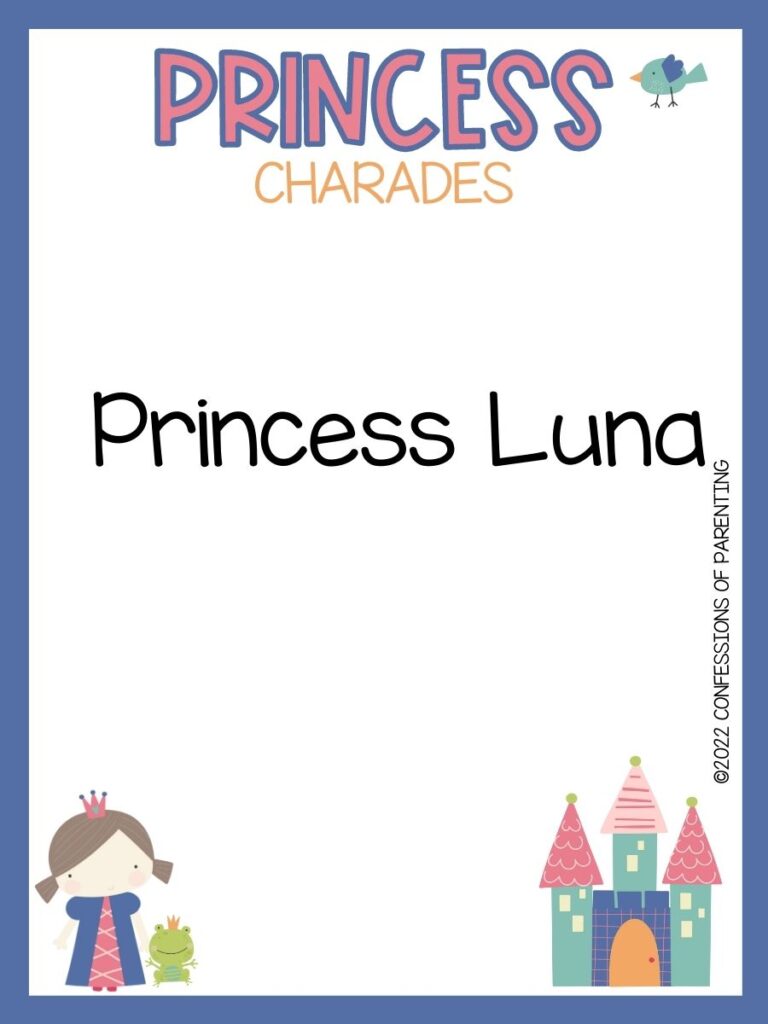 Princess charade with little bird, princess and a frog and a castle on white background with blue trim