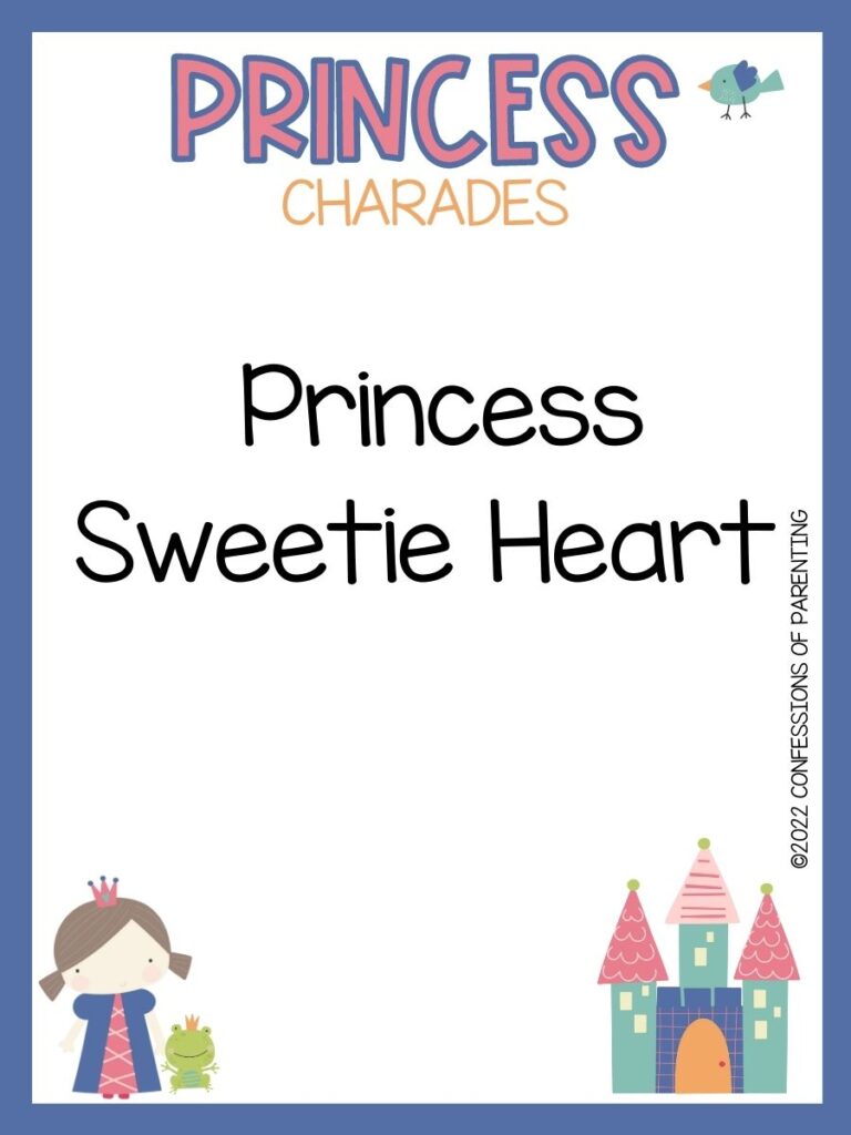 Princess charade with little bird, princess and a frog and a castle on white background with blue trim