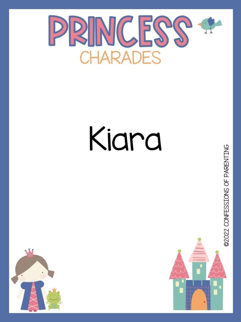 Princess charade with little bird, princess and a frog and a castle on white background with blue trim