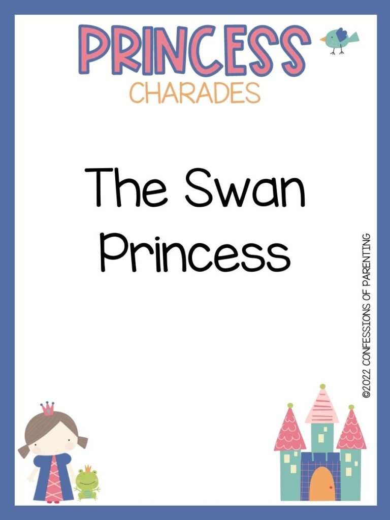 Princess charade with little bird, princess and a frog and a castle on white background with blue trim