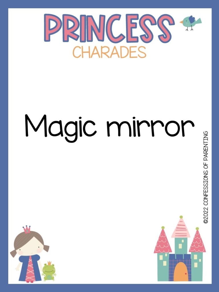 Princess charade with little bird, princess and a frog and a castle on white background with blue trim