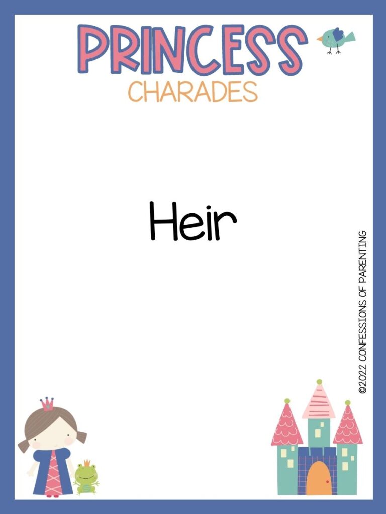 Princess charade with little bird, princess and a frog and a castle on white background with blue trim