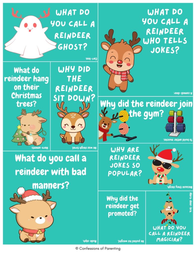 Top 10 reindeer jokes graphic with cute cartoon reindeer and Christmas-themed puns on teal background