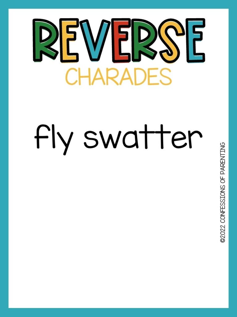 reverse charades title in multiple colors with charade idea on white background with teal border 