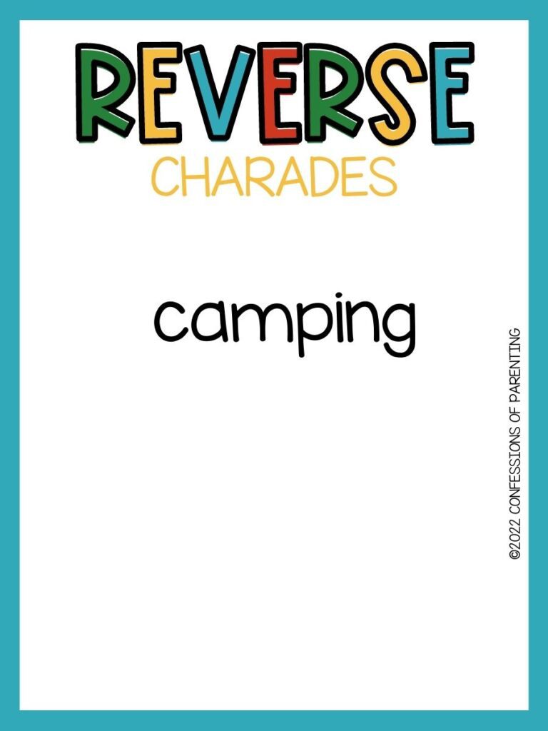 reverse charades title in multiple colors with charade idea on white background with teal border 