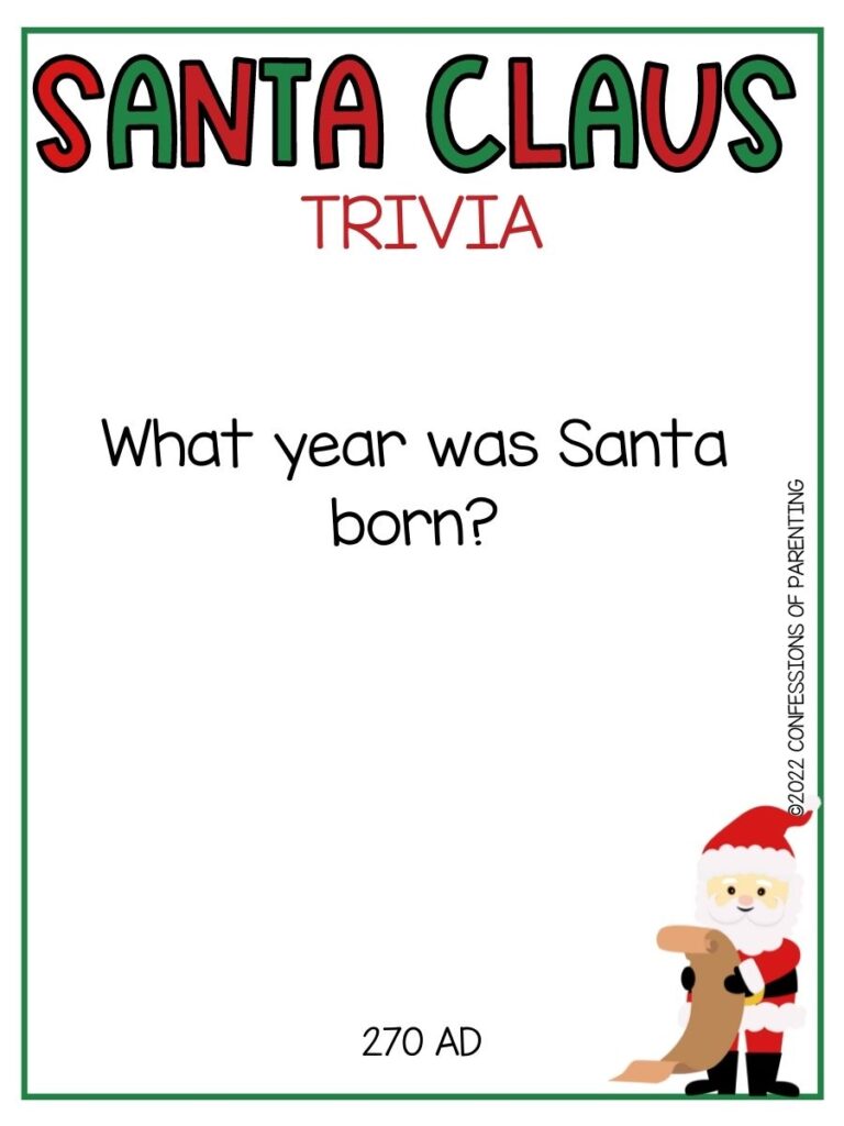 1 santa with long list and santa clause trivia on white background with thin green border 