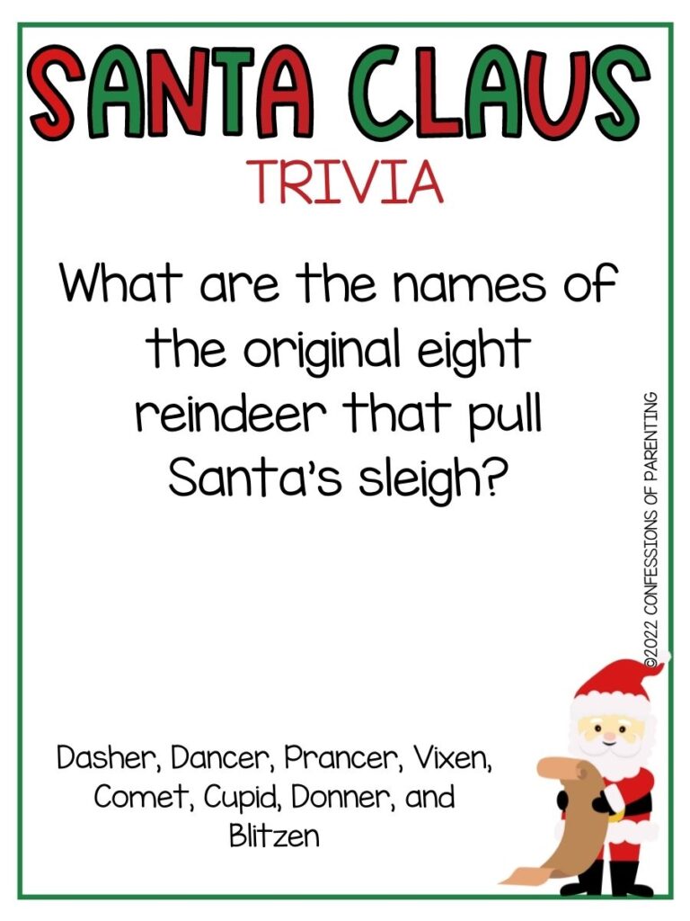1 santa with long list and santa clause trivia on white background with thin green border 