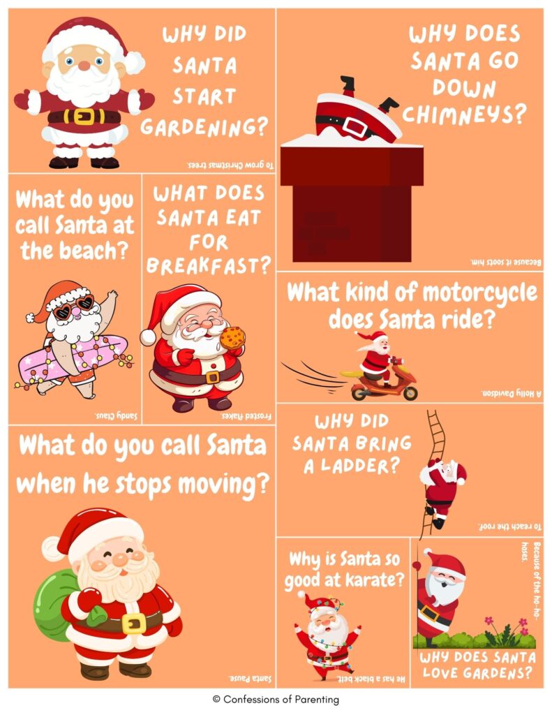 Orange collage of Santa Claus Christmas jokes with cartoon Santas about chimneys, breakfast, motorcycles, karate, and beach puns.
