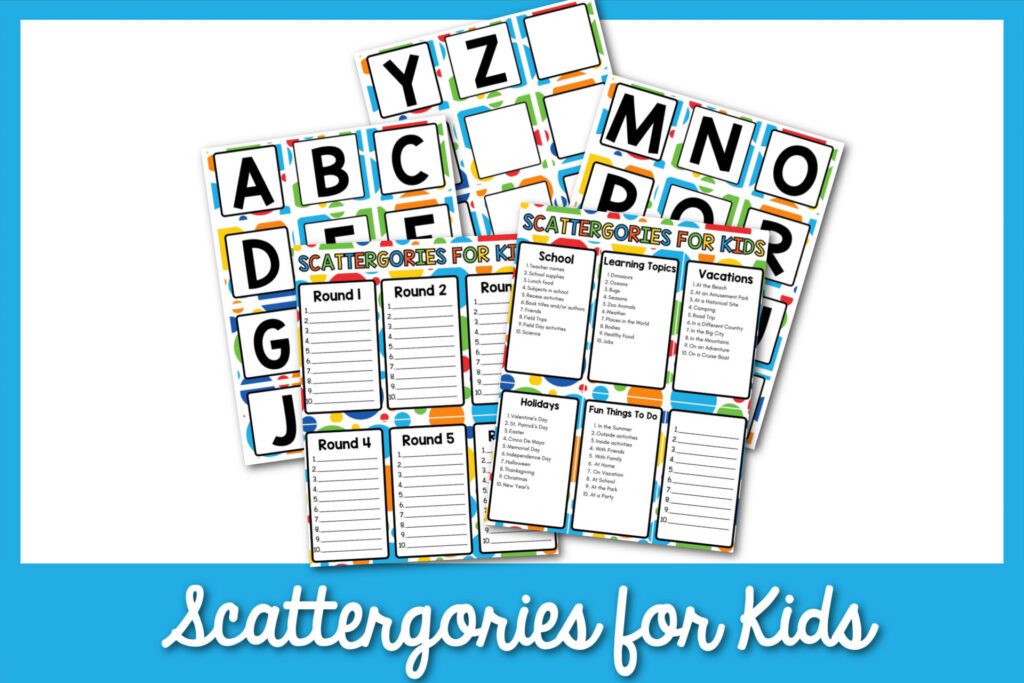 5 scettergories for kids PDFS with blue border with text that says "scattergories for kids"
