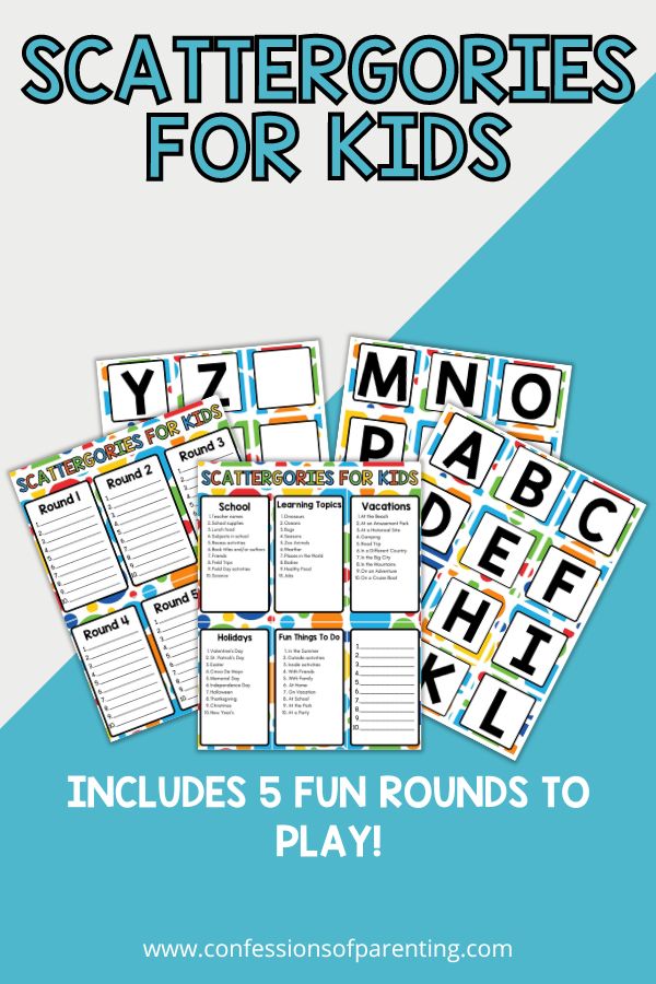 5 scettergories for kids PDFS with blue and white background with text that says "scattergories for kids"
