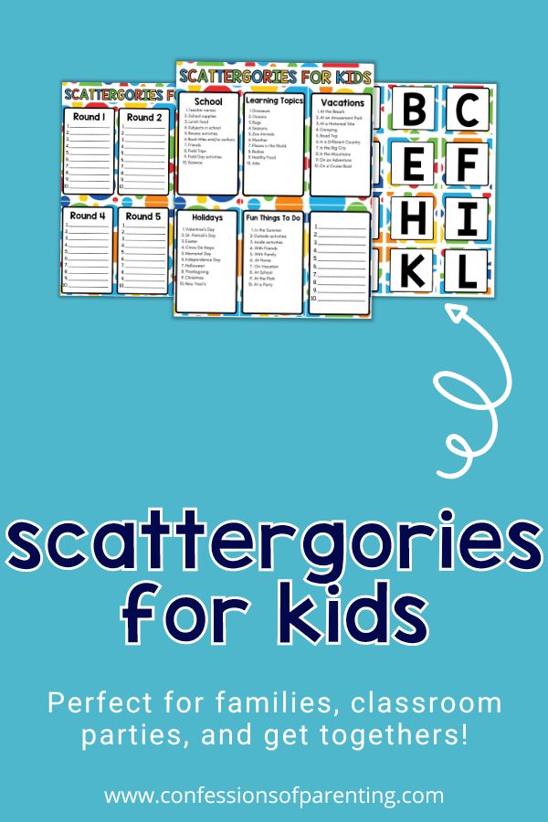 3 scettergories for kids PDFS with blue background with text that says "scattergories for kids"