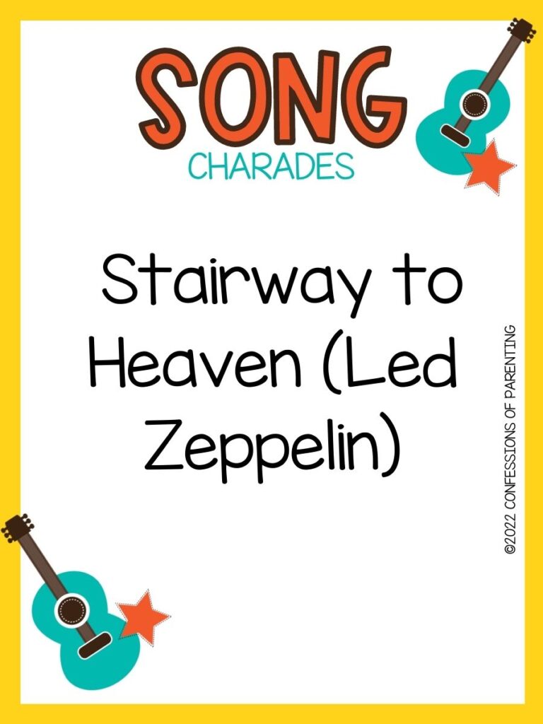 song charade with teal guitars and orange stars on a white background with yellow trim