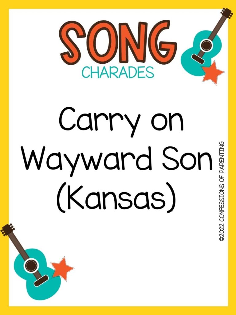 song charade with teal guitars and orange stars on a white background with yellow trim