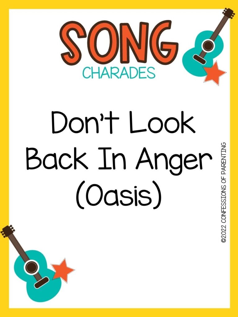 song charade with teal guitars and orange stars on a white background with yellow trim