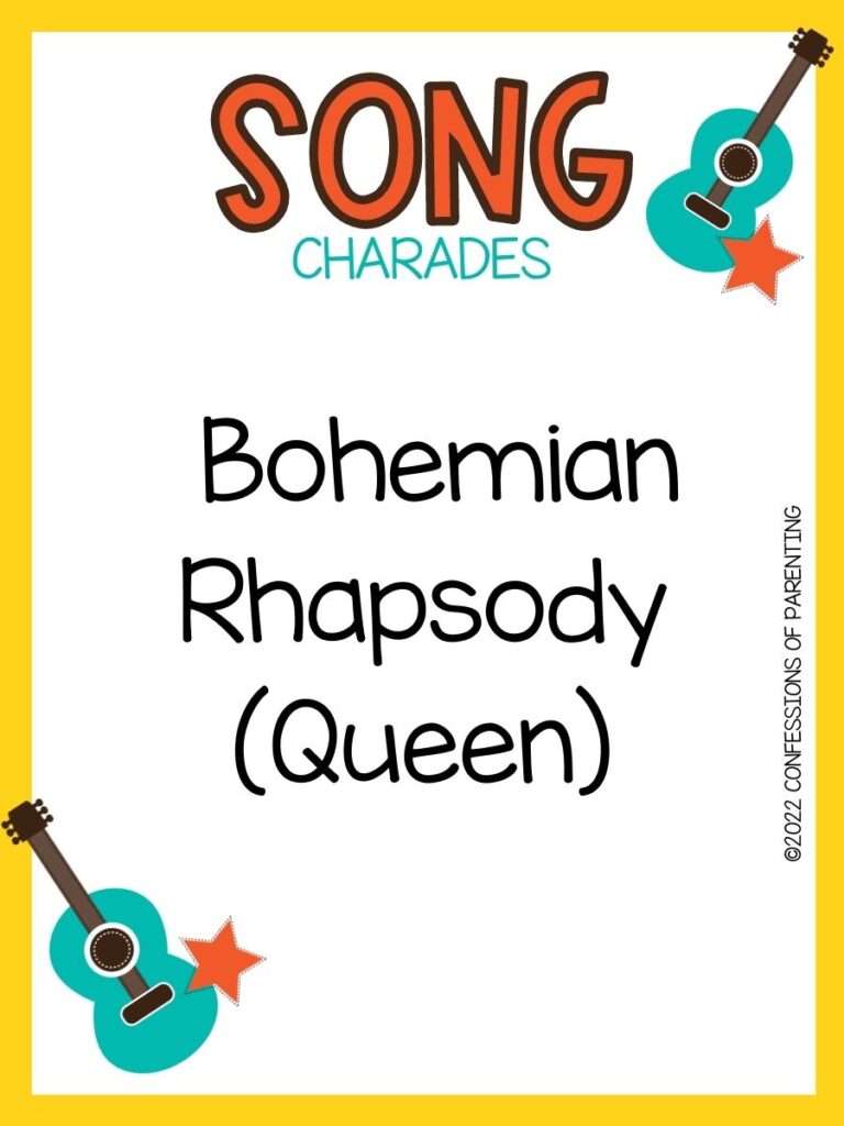 song charade with teal guitars and orange stars on a white background with yellow trim