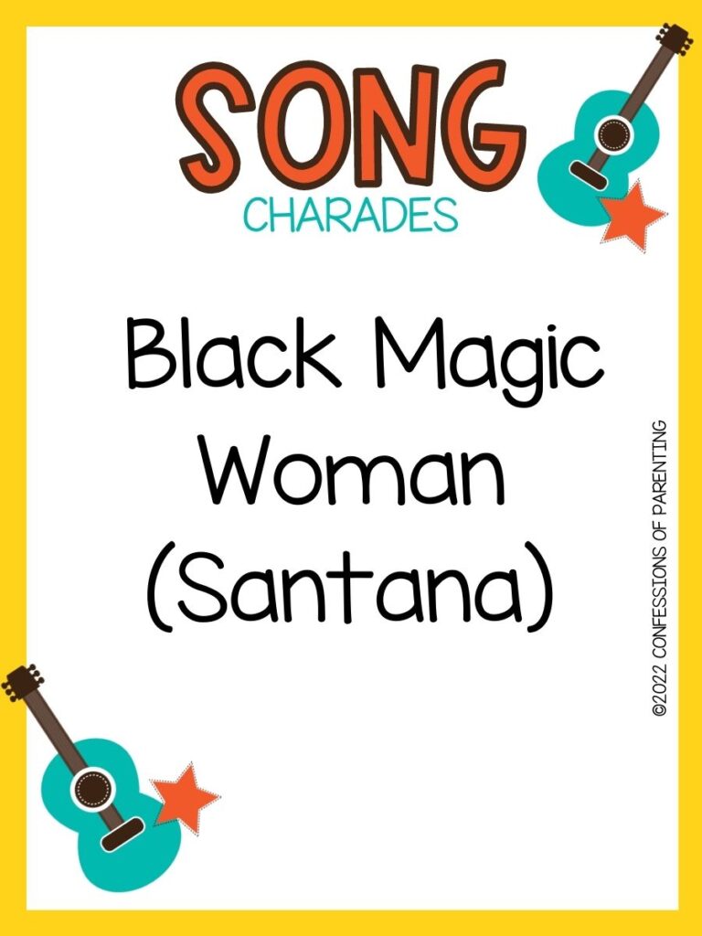 song charade with teal guitars and orange stars on a white background with yellow trim 