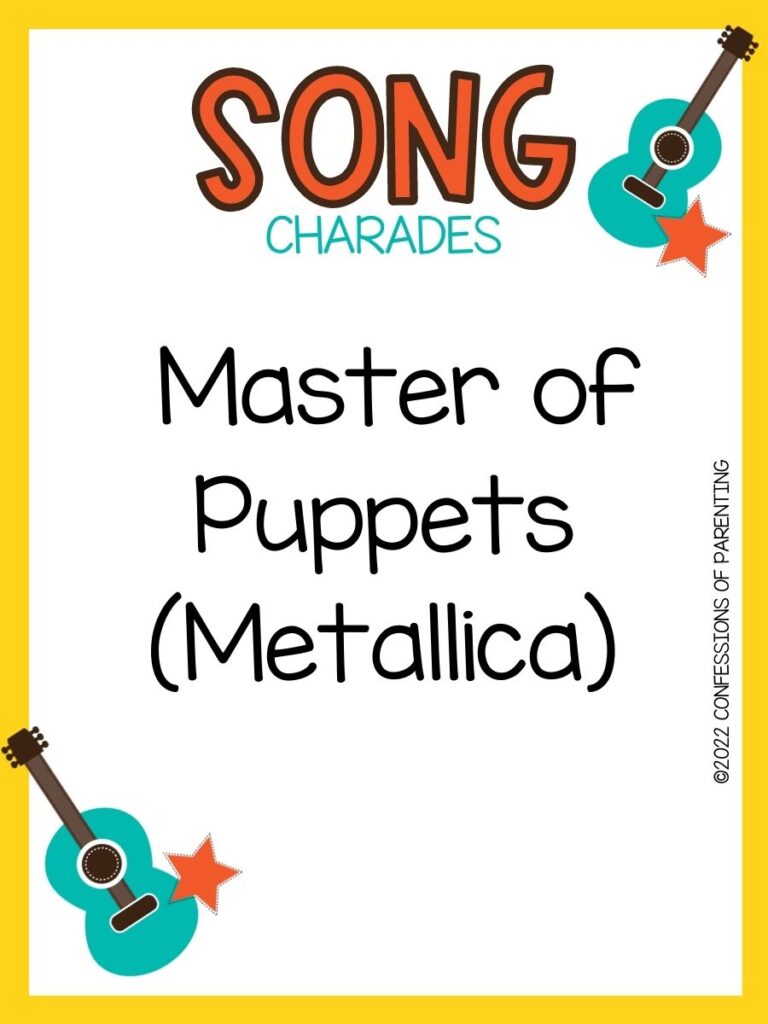 song charade with teal guitars and orange stars on a white background with yellow trim