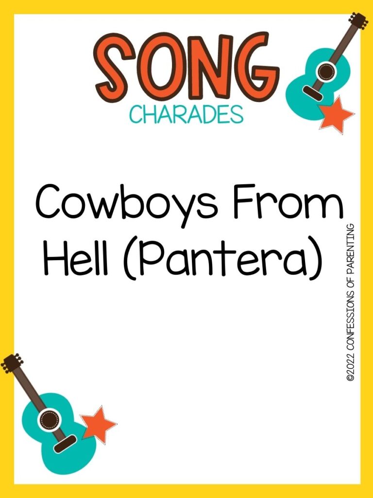 song charade with teal guitars and orange stars on a white background with yellow trim 