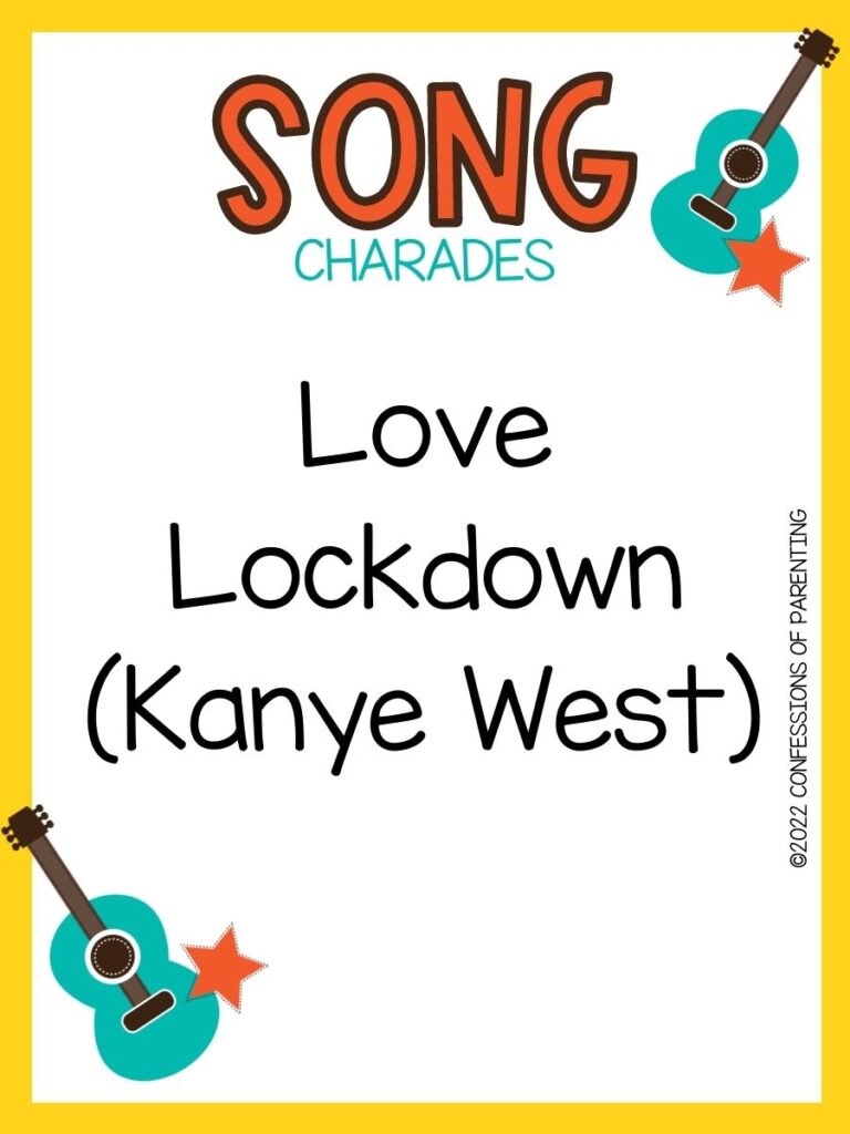 song charade with teal guitars and orange stars on a white background with yellow trim 