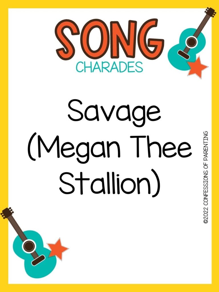 song charade with teal guitars and orange stars on a white background with yellow trim 