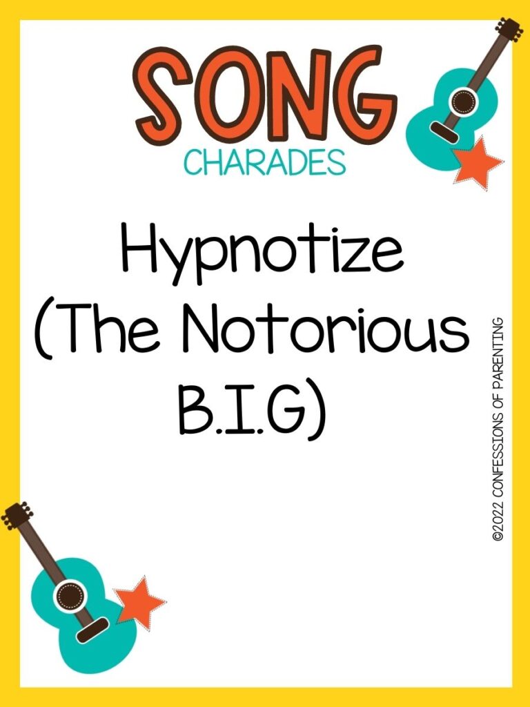 song charade with teal guitars and orange stars on a white background with yellow trim