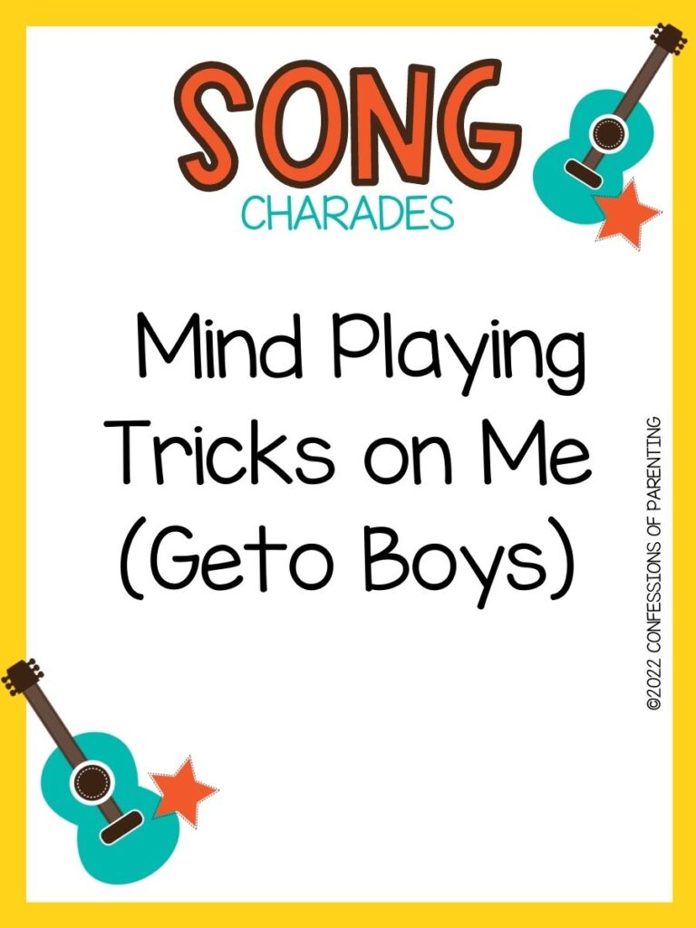 song charade with teal guitars and orange stars on a white background with yellow trim