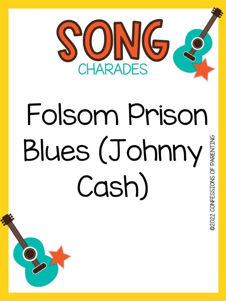 song charade with teal guitars and orange stars on a white background with yellow trim