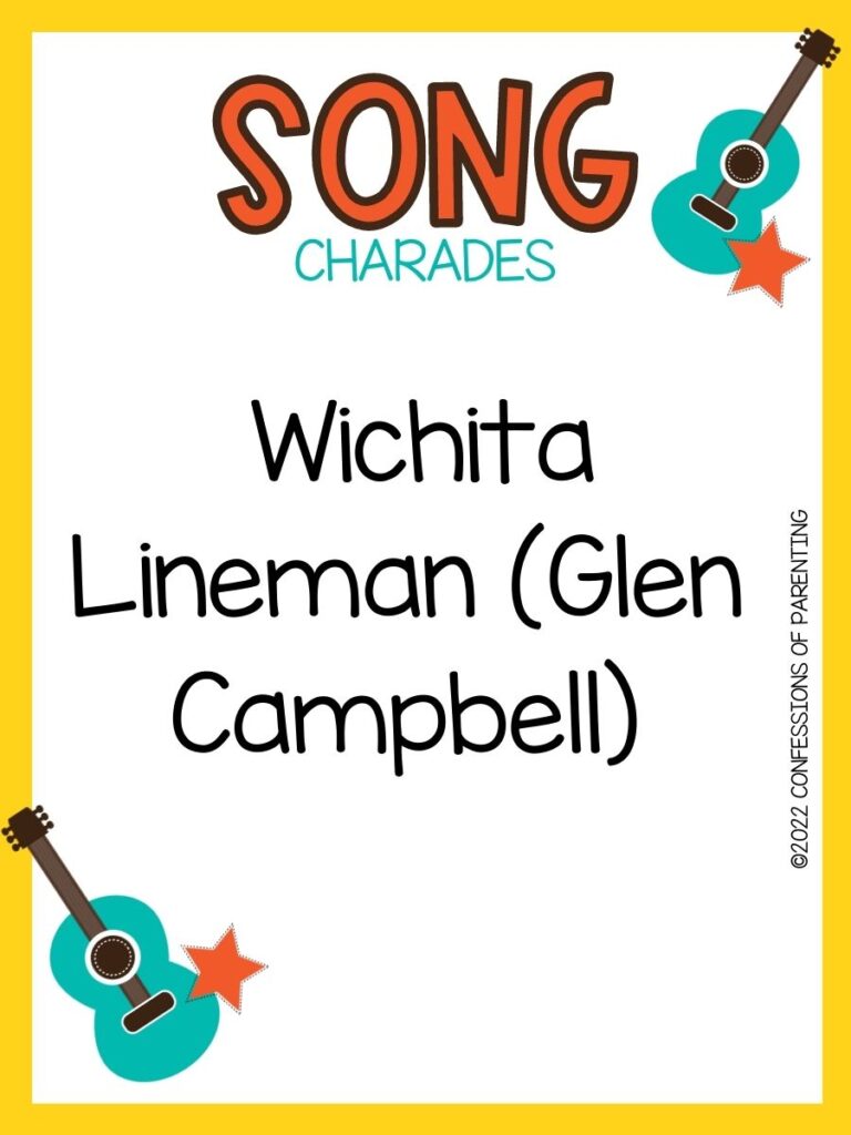 song charade with teal guitars and orange stars on a white background with yellow trim 