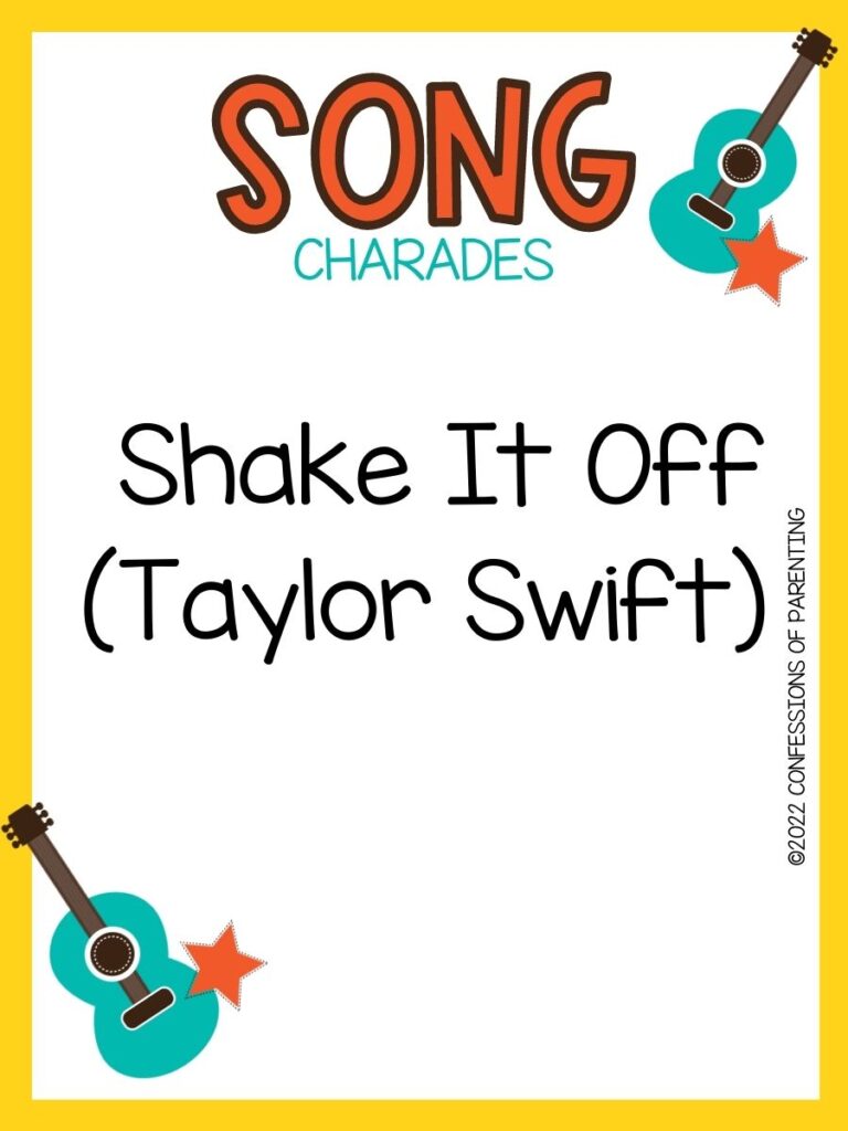 song charade with teal guitars and orange stars on a white background with yellow trim 