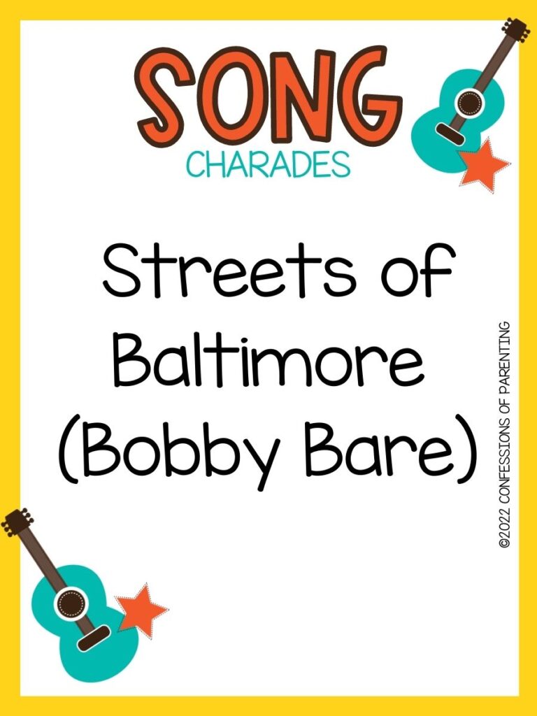 song charade with teal guitars and orange stars on a white background with yellow trim