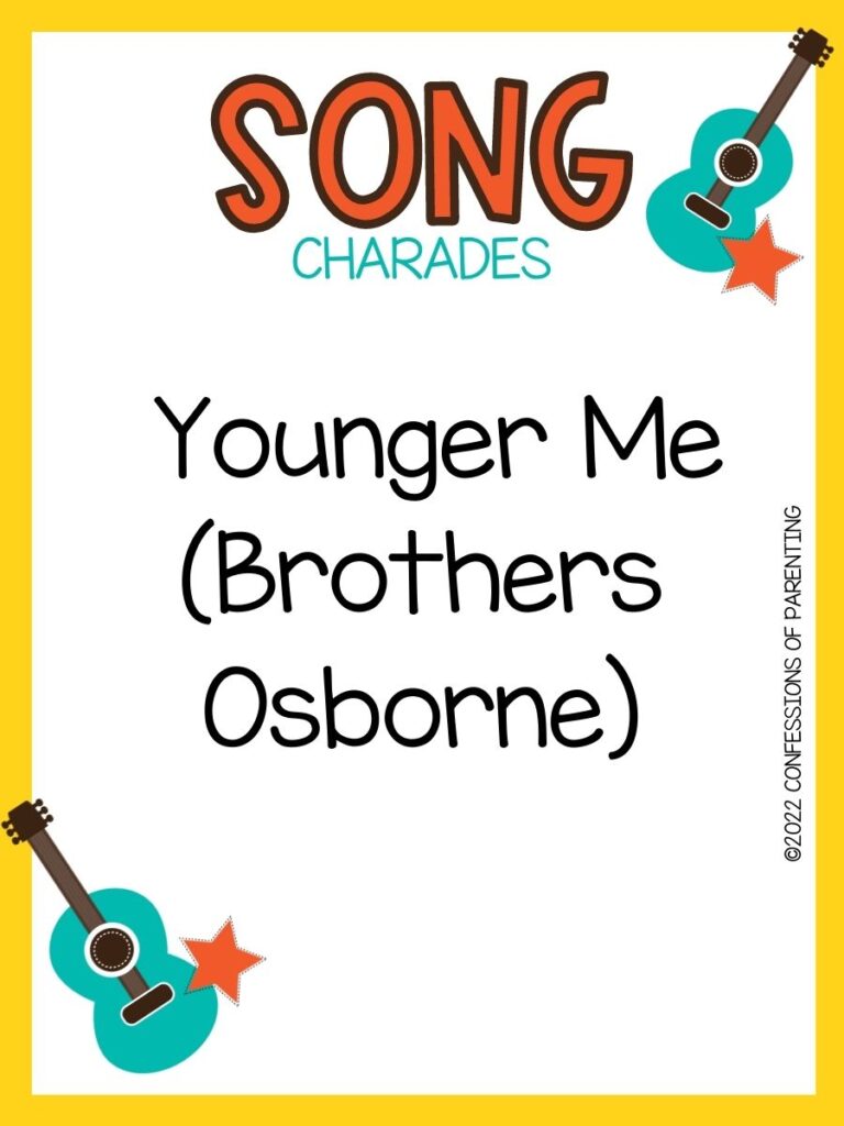 song charade with teal guitars and orange stars on a white background with yellow trim
