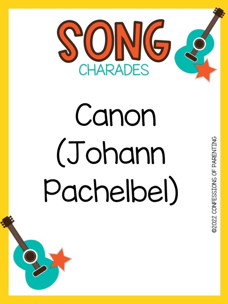 song charade with teal guitars and orange stars on a white background with yellow trim 