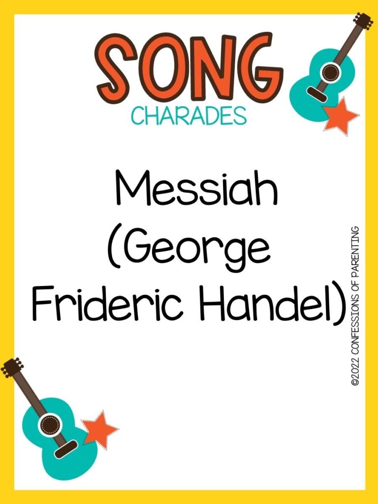 song charade with teal guitars and orange stars on a white background with yellow trim