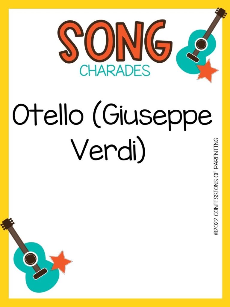 song charade with teal guitars and orange stars on a white background with yellow trim 