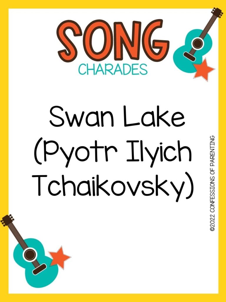 song charade with teal guitars and orange stars on a white background with yellow trim