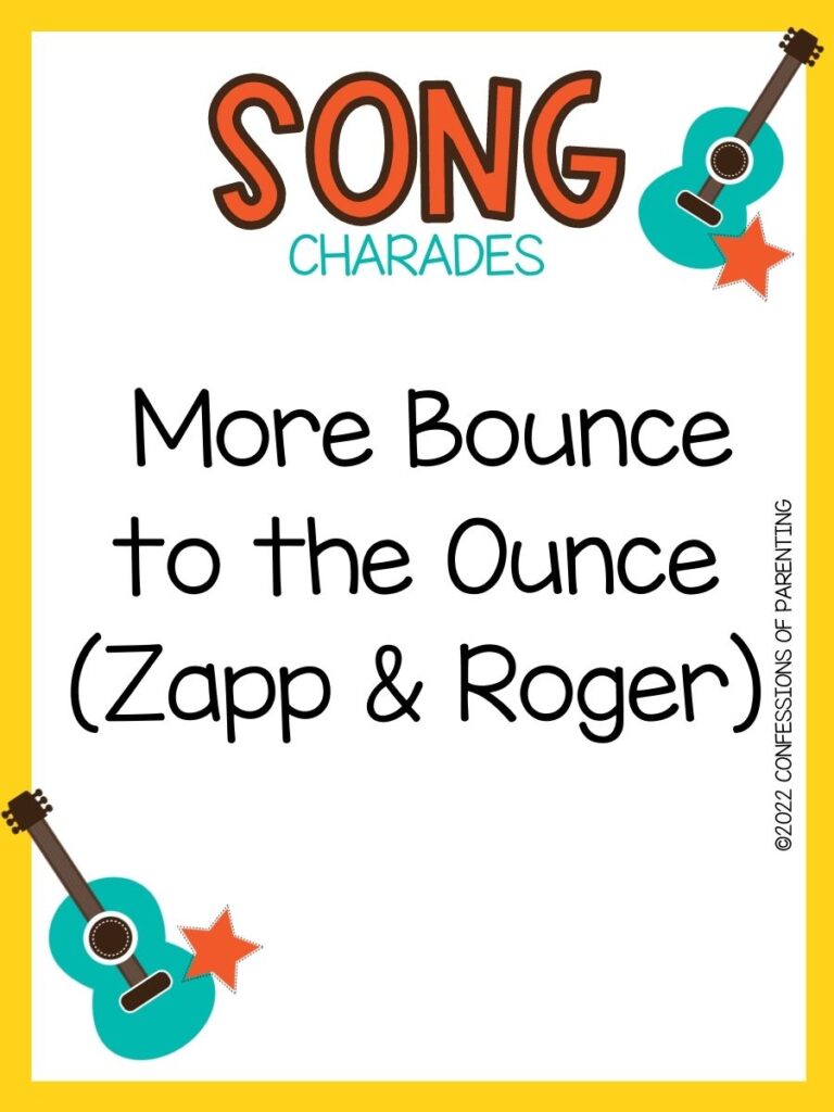 song charade with teal guitars and orange stars on a white background with yellow trim