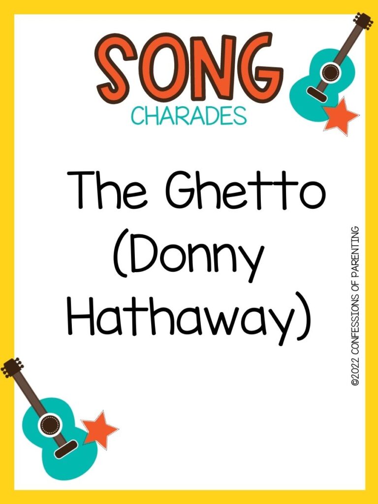 song charade with teal guitars and orange stars on a white background with yellow trim