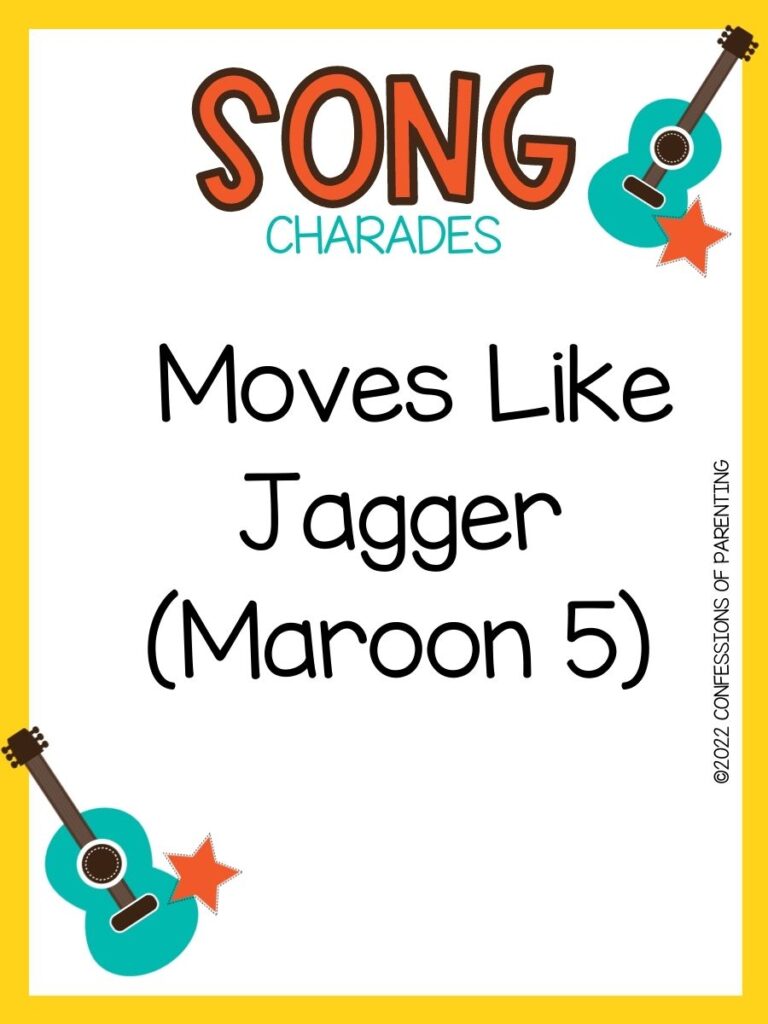 song charade with teal guitars and orange stars on a white background with yellow trim