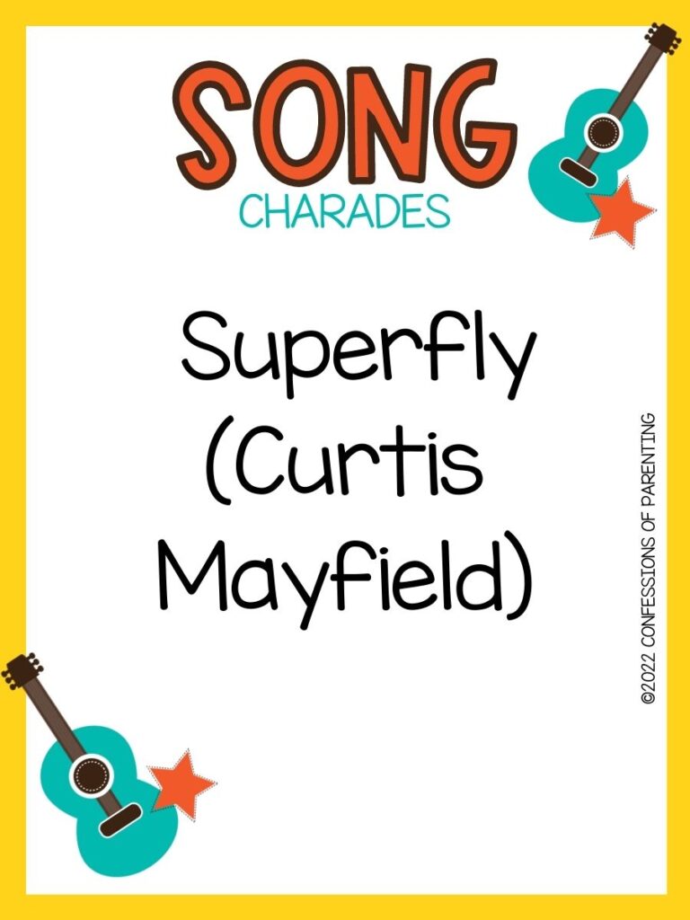 song charade with teal guitars and orange stars on a white background with yellow trim