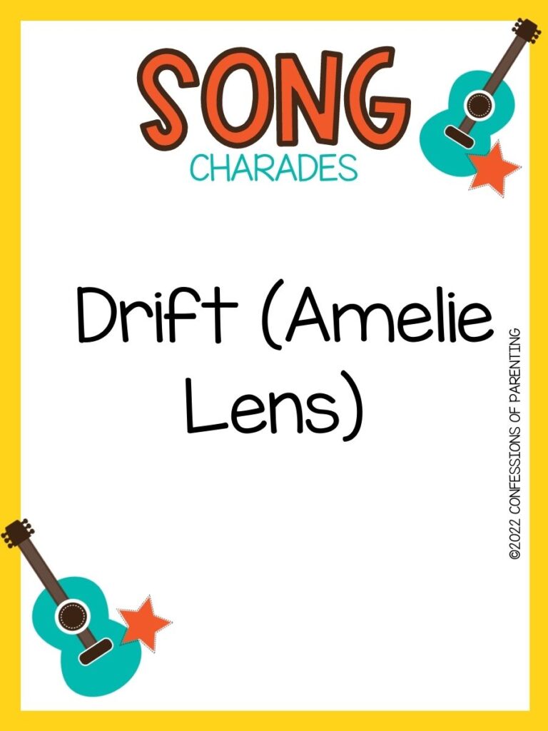 song charade with teal guitars and orange stars on a white background with yellow trim