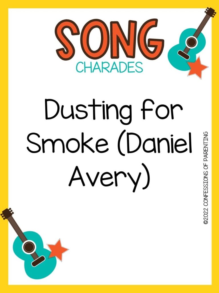 song charade with teal guitars and orange stars on a white background with yellow trim