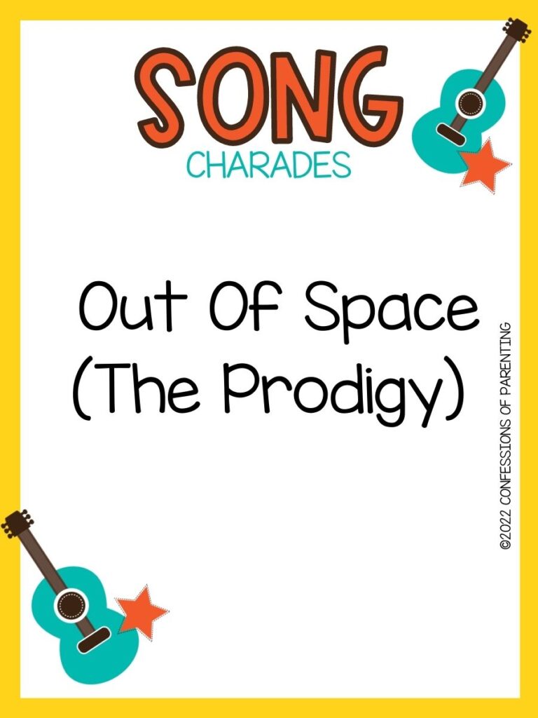 song charade with teal guitars and orange stars on a white background with yellow trim 