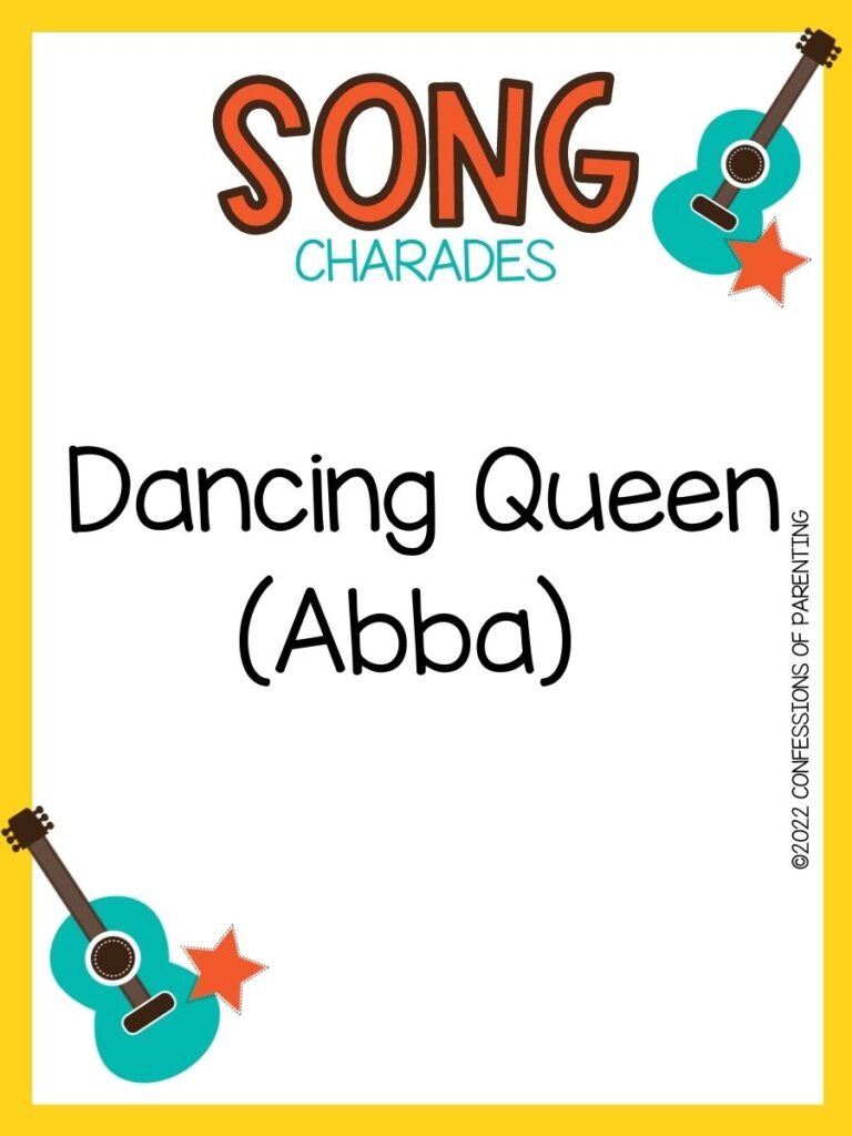song charade with teal guitars and orange stars on a white background with yellow trim