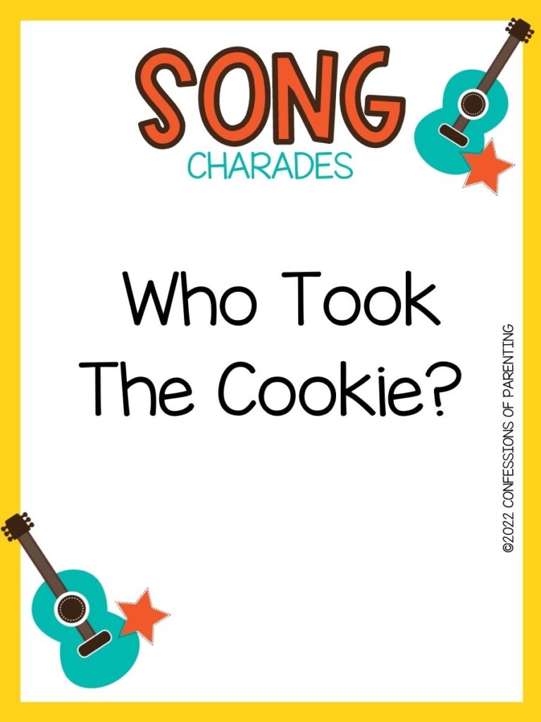 song charade with teal guitars and orange stars on a white background with yellow trim 