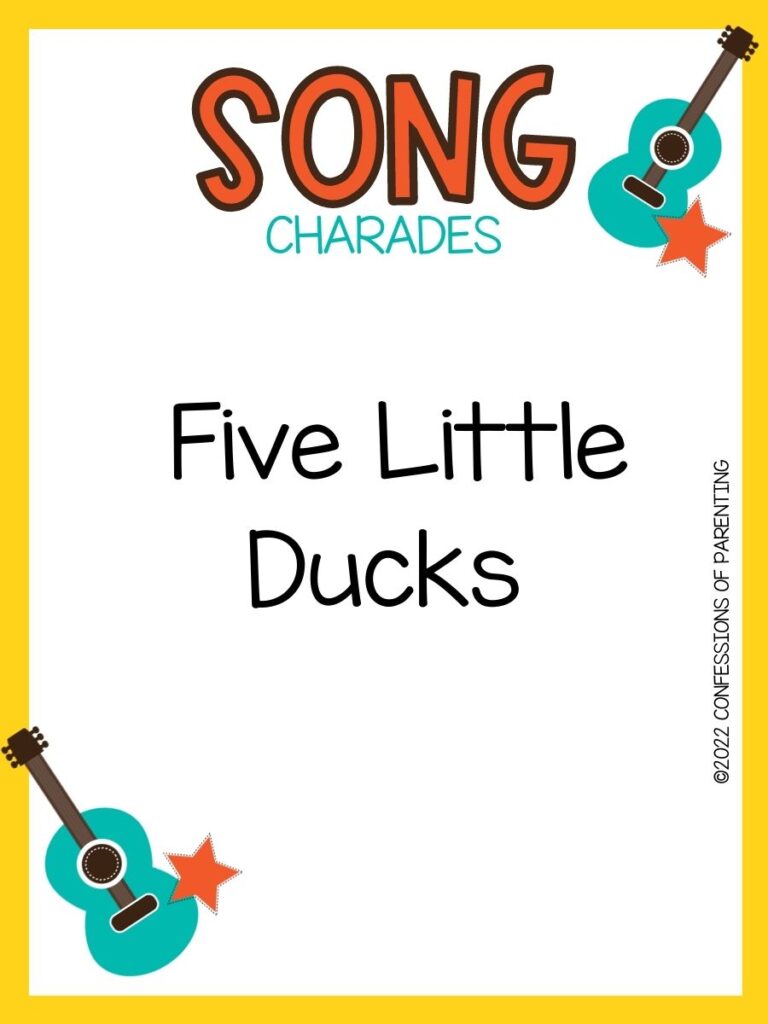 song charade with teal guitars and orange stars on a white background with yellow trim 