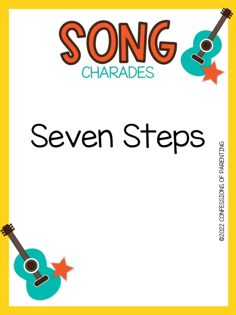 song charade with teal guitars and orange stars on a white background with yellow trim 