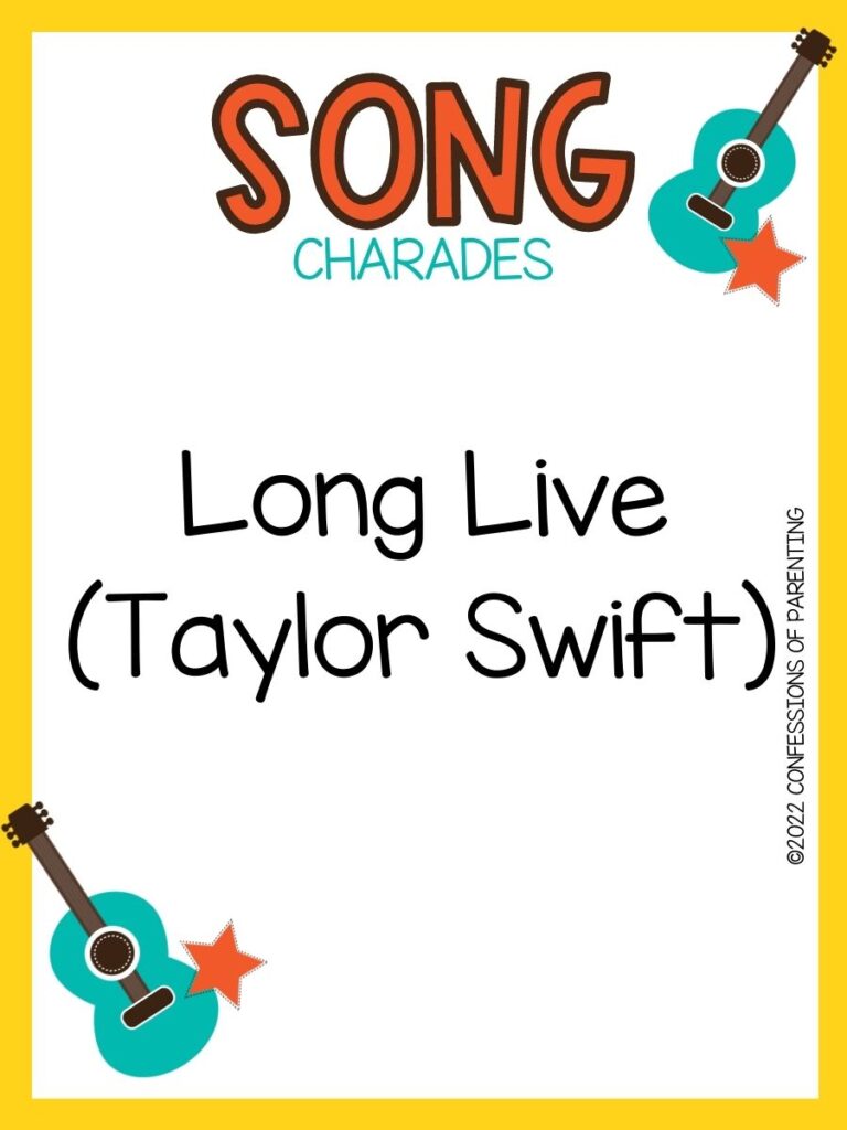 song charade with teal guitars and orange stars on a white background with yellow trim 