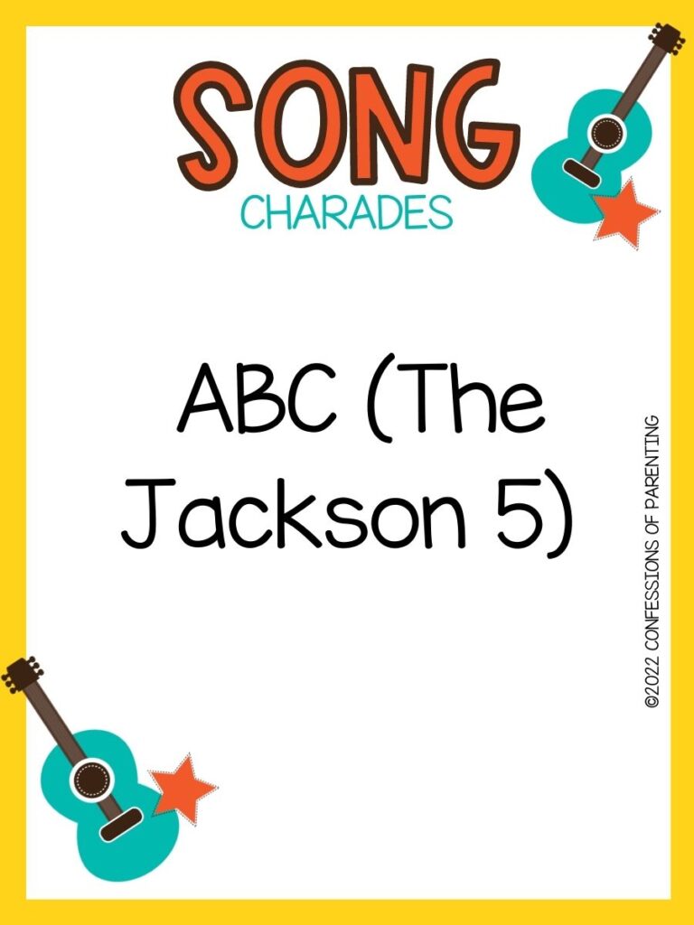 song charade with teal guitars and orange stars on a white background with yellow trim 