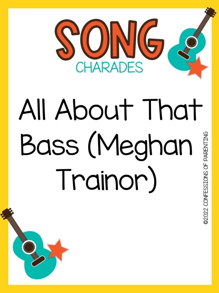 song charade with teal guitars and orange stars on a white background with yellow trim